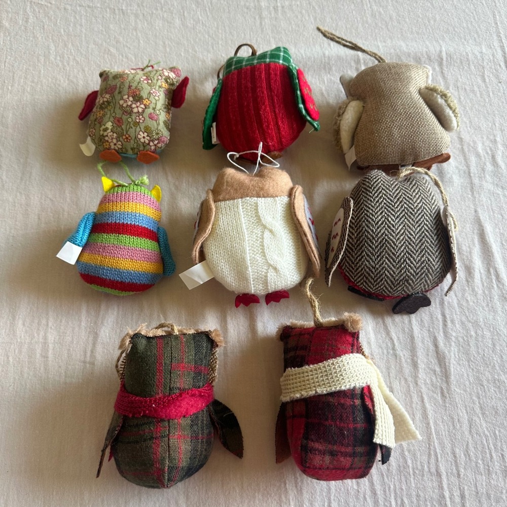 Rustic Owl Christmas Ornaments Mixed Fabric Knit Burlap Plaid Decor lot of 8 EUC - Picture 2 of 4